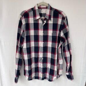 J Crew Men’s Sunwashed Oxford Plaid Shirt Navy/Cream/Red Size Large